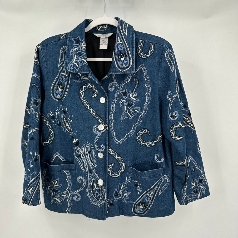 Women Vintage Boho Artsy Denim Jacket Size PM Eclectic Indie Embroidered Paisley